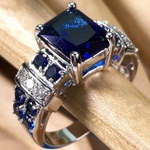 Sapphire  Gemstone Ring Jewelry 18k White GP NWOT